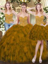  Sweetheart Sleeveless Sweet 16 Quinceanera Dress Floor Length Beading and Ruffles Olive Green Tulle