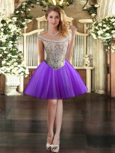  Eggplant Purple Tulle Lace Up Off The Shoulder Sleeveless Mini Length Evening Dress Beading