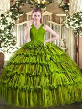  Sleeveless Floor Length Ruffled Layers Zipper Vestidos de Quinceanera with Olive Green