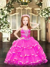  Hot Pink Sleeveless Organza Lace Up Child Pageant Dress for Party and Quinceanera