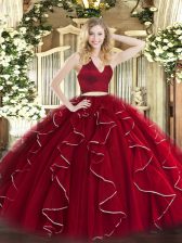 Ideal Wine Red Two Pieces Halter Top Sleeveless Organza Floor Length Zipper Ruffles Quinceanera Dresses
