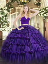  Two Pieces Quinceanera Dress Purple Halter Top Organza Sleeveless Floor Length Zipper