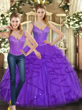 Spectacular Purple Sleeveless Floor Length Beading and Ruffles Lace Up 15th Birthday Dress