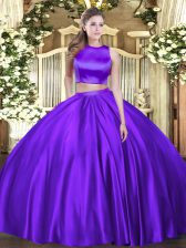 Great High-neck Sleeveless Criss Cross 15 Quinceanera Dress Eggplant Purple Tulle