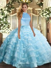 Lovely Beading and Ruffled Layers Sweet 16 Dress Baby Blue Backless Sleeveless Floor Length