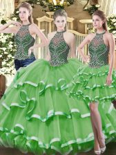Low Price Green Organza Lace Up High-neck Sleeveless Floor Length Quinceanera Gowns Beading and Ruffled Layers