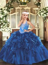  Blue Lace Up Little Girls Pageant Dress Beading and Ruffles Sleeveless Floor Length