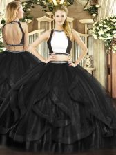 Great Black Backless Quinceanera Dresses Ruffles Sleeveless Floor Length