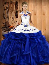  Royal Blue Sleeveless Floor Length Embroidery and Ruffles Lace Up Sweet 16 Dresses