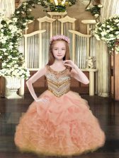  Orange Scoop Neckline Beading and Ruffles and Pick Ups Pageant Dress for Teens Sleeveless Lace Up