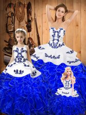  Royal Blue Ball Gowns Embroidery and Ruffles 15 Quinceanera Dress Lace Up Tulle Sleeveless Floor Length