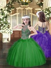  Sleeveless Floor Length Beading and Ruffles Lace Up Little Girl Pageant Dress with Dark Green