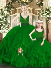  V-neck Sleeveless Zipper Sweet 16 Dress Green Organza