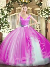 Fashionable Hot Pink Sleeveless Tulle Zipper Ball Gown Prom Dress for Military Ball and Sweet 16 and Quinceanera