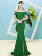 Best Green Off The Shoulder Zipper Sequins Evening Dress Sweep Train Short Sleeves