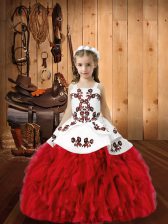 Glorious Red Lace Up Kids Formal Wear Embroidery and Ruffles Sleeveless Floor Length