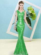  Asymmetric Sleeveless Prom Gown Floor Length Sequins Green Sequined