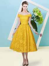  Gold Lace Up Damas Dress Bowknot Cap Sleeves Tea Length