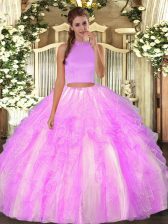 Superior Halter Top Sleeveless Organza Quince Ball Gowns Beading and Ruffles Backless