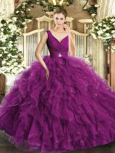  Fuchsia Ball Gowns V-neck Sleeveless Organza Floor Length Backless Beading Ball Gown Prom Dress
