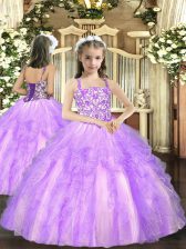  Lavender Lace Up Straps Beading and Ruffles Kids Pageant Dress Tulle Sleeveless