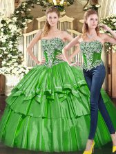 Sexy Green Ball Gowns Tulle Strapless Sleeveless Beading and Ruffled Layers Floor Length Lace Up Sweet 16 Dress
