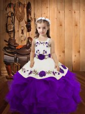  Purple Kids Pageant Dress Sweet 16 and Quinceanera with Embroidery and Ruffles Straps Sleeveless Lace Up