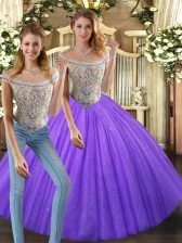  Eggplant Purple Two Pieces Beading Quince Ball Gowns Lace Up Tulle Sleeveless Floor Length