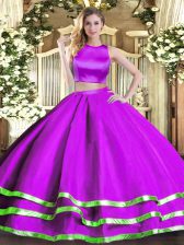 Custom Designed Purple Two Pieces Ruching Ball Gown Prom Dress Criss Cross Tulle Sleeveless Floor Length