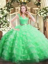 Simple Apple Green Organza Zipper V-neck Sleeveless Floor Length Quinceanera Dress Ruffled Layers