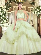 Yellow Green Sleeveless Floor Length Beading and Appliques Zipper Quinceanera Dress
