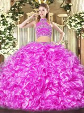  Lilac High-neck Backless Beading and Ruffles Sweet 16 Dresses Sleeveless