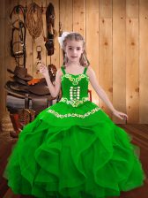  Green Straps Neckline Embroidery and Ruffles Little Girls Pageant Dress Sleeveless Lace Up