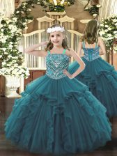  Straps Sleeveless Lace Up Little Girls Pageant Gowns Teal Organza