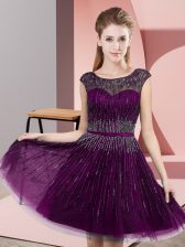  Dark Purple Empire Tulle Scoop Sleeveless Beading Knee Length Backless 
