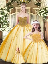  Floor Length Lace Up Quinceanera Dresses Gold for Military Ball and Sweet 16 and Quinceanera with Beading
