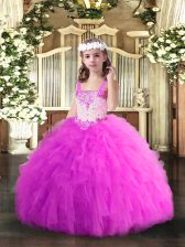  Floor Length Fuchsia Evening Gowns Tulle Sleeveless Beading and Ruffles
