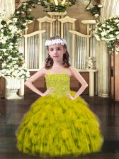 Custom Made Organza Spaghetti Straps Sleeveless Lace Up Beading and Ruffles Pageant Dress Wholesale in Olive Green