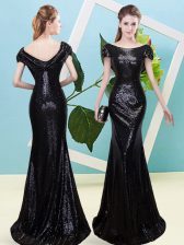  Sequined Scoop Cap Sleeves Zipper Sequins Prom Evening Gown in Black