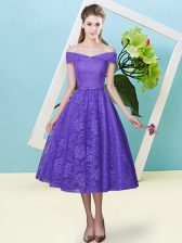 Luxurious Lavender Lace Lace Up Quinceanera Court Dresses Cap Sleeves Tea Length Bowknot