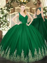 Hot Selling Ball Gowns Sweet 16 Dresses Dark Green V-neck Tulle Sleeveless Floor Length Zipper