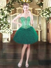 Dark Green Lace Up Beading and Ruffles Sleeveless Mini Length