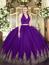  Dark Purple Sleeveless Tulle Zipper Quinceanera Dresses for Military Ball and Sweet 16 and Quinceanera