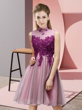  Empire Dama Dress for Quinceanera Baby Pink High-neck Tulle Sleeveless Mini Length Lace Up