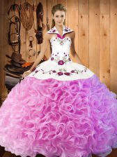  Rose Pink Ball Gowns Halter Top Sleeveless Fabric With Rolling Flowers Floor Length Lace Up Embroidery Sweet 16 Dress