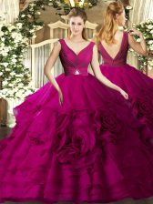  Floor Length Fuchsia Quince Ball Gowns Organza Sleeveless Beading and Ruching