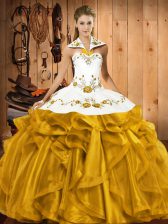  Ball Gowns Quinceanera Dress Gold Halter Top Satin and Organza Sleeveless Floor Length Lace Up