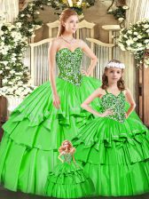 Floor Length Lace Up Sweet 16 Dresses Green for Military Ball and Sweet 16 with Beading and Ruffled Layers