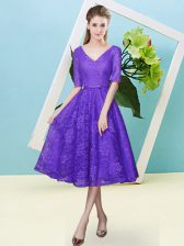  Purple Dama Dress Prom and Party and Wedding Party with Bowknot V-neck Half Sleeves Lace Up