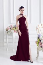  Burgundy Sleeveless Sweep Train Beading 